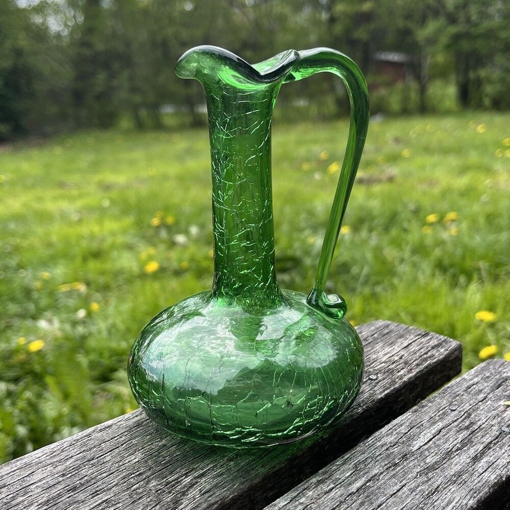 Vintage Green Crackle Glass Pitcher Vase 5” Skinny Neck, Handle, Ruffled Top